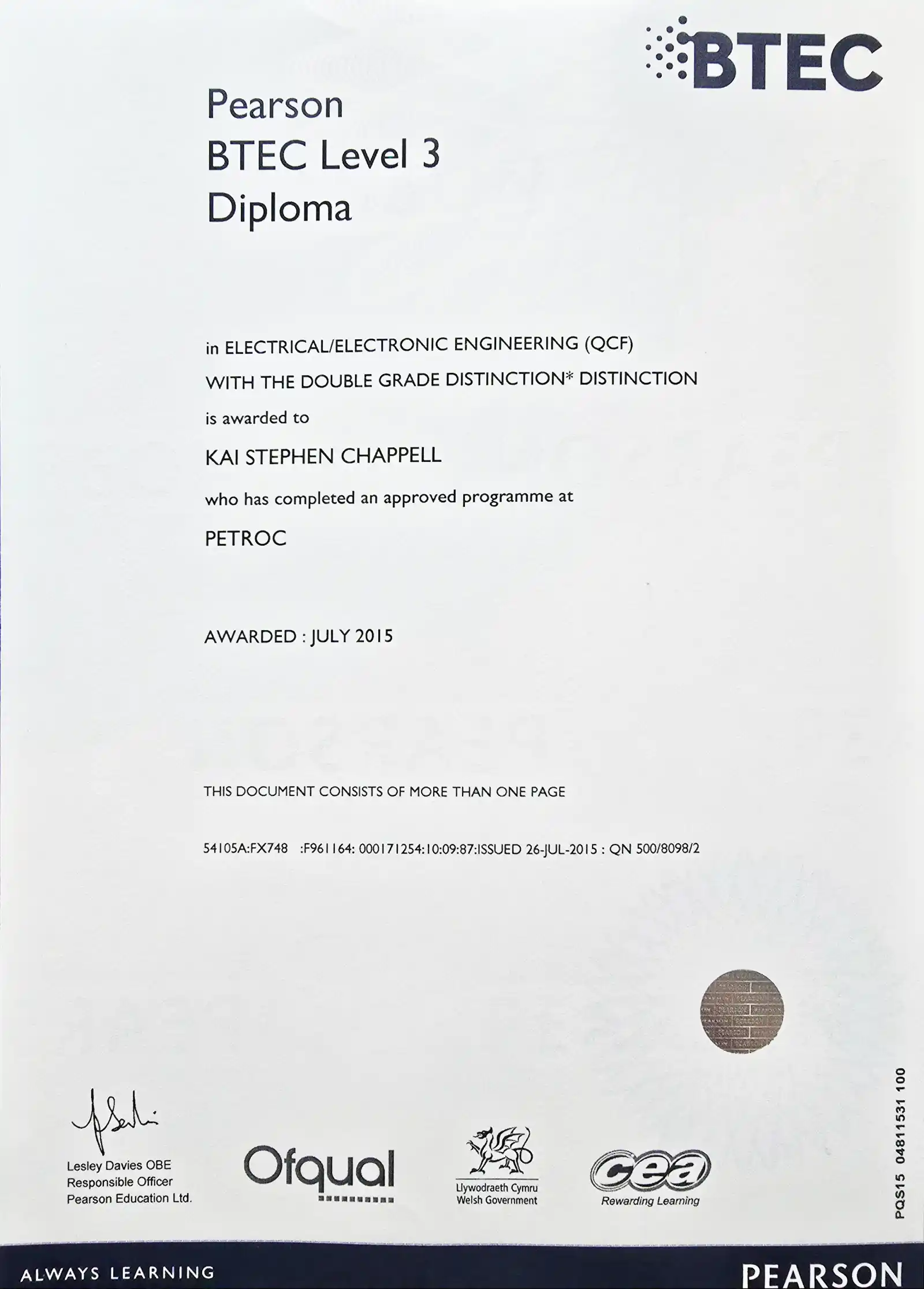 BTEC Level 3 Diploma certificate thumbnail