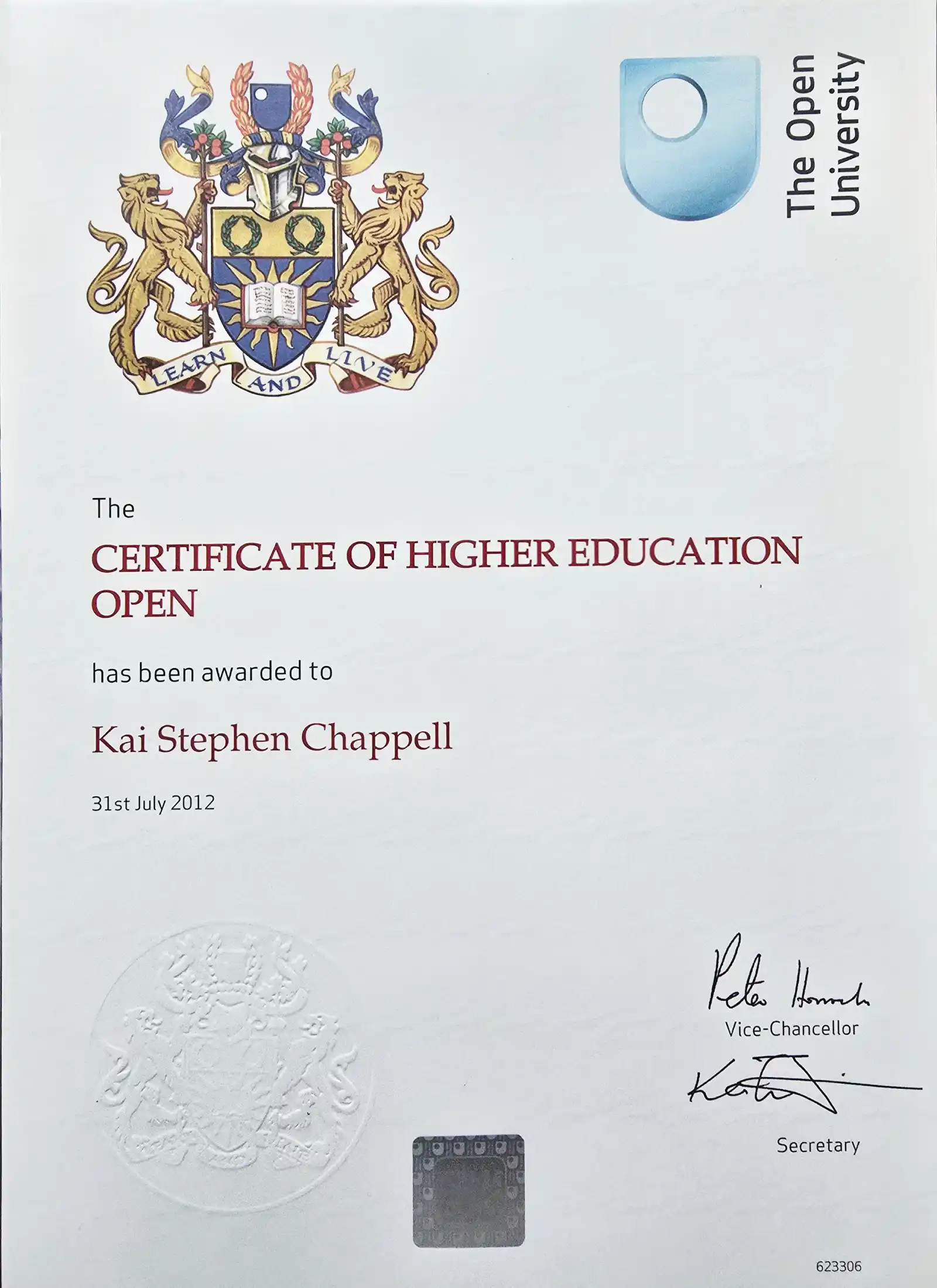 Certificate of Higher Education certificate thumbnail