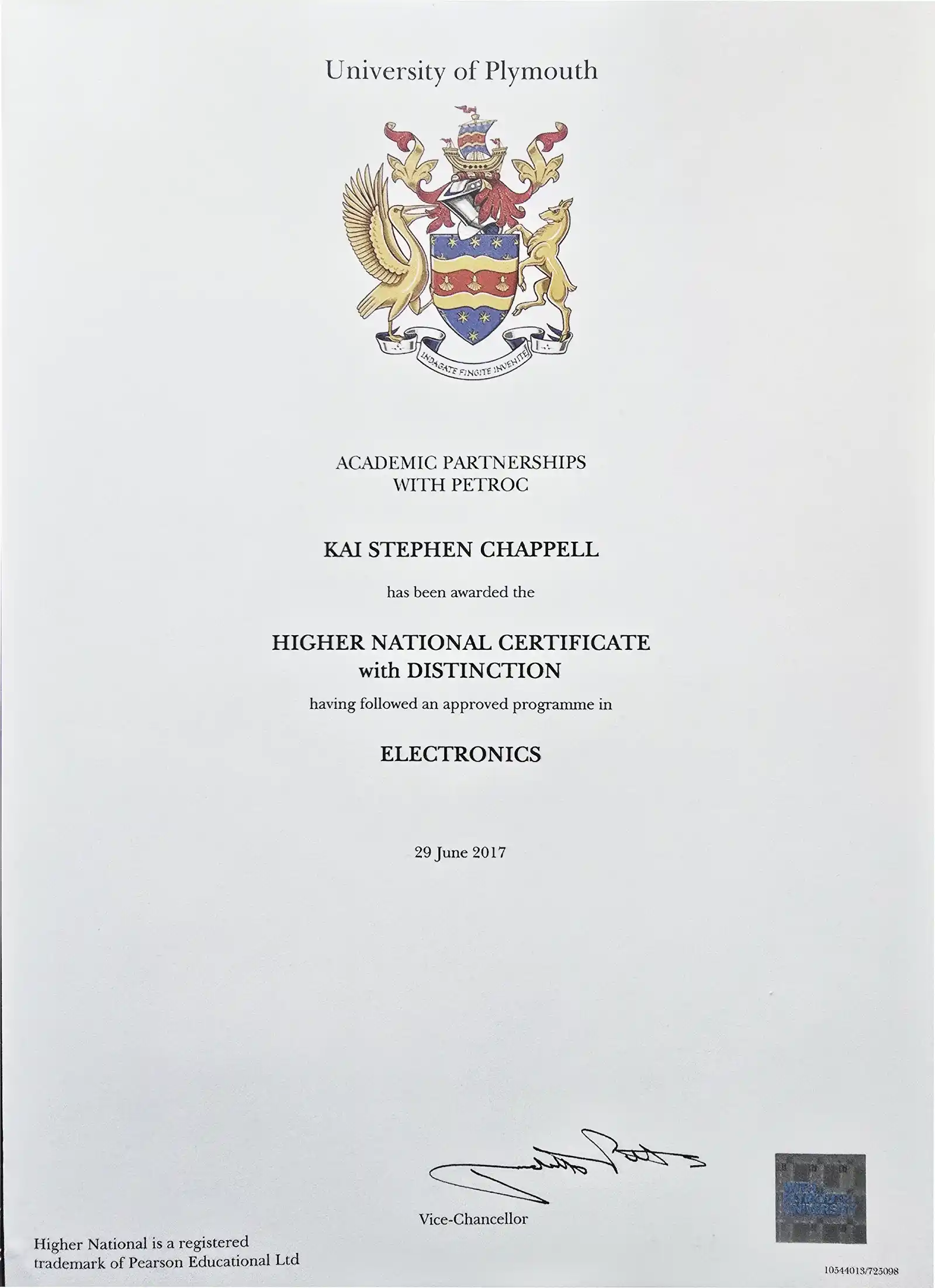 HNC Electronics certificate thumbnail