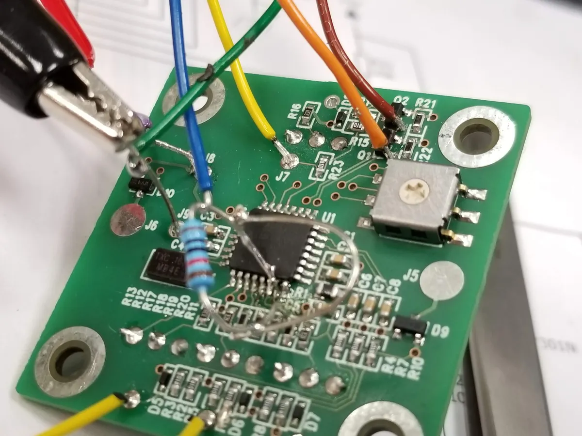 Module PCB during testing with bodge wires soldered to ATmega for debugging